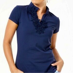 Lilly Pulitzer luxletic Frida floral polo top size XXS Navy blue NWOT